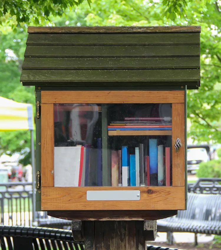 Outdoor wooden book bin with glass panels, inviting community book exchange.