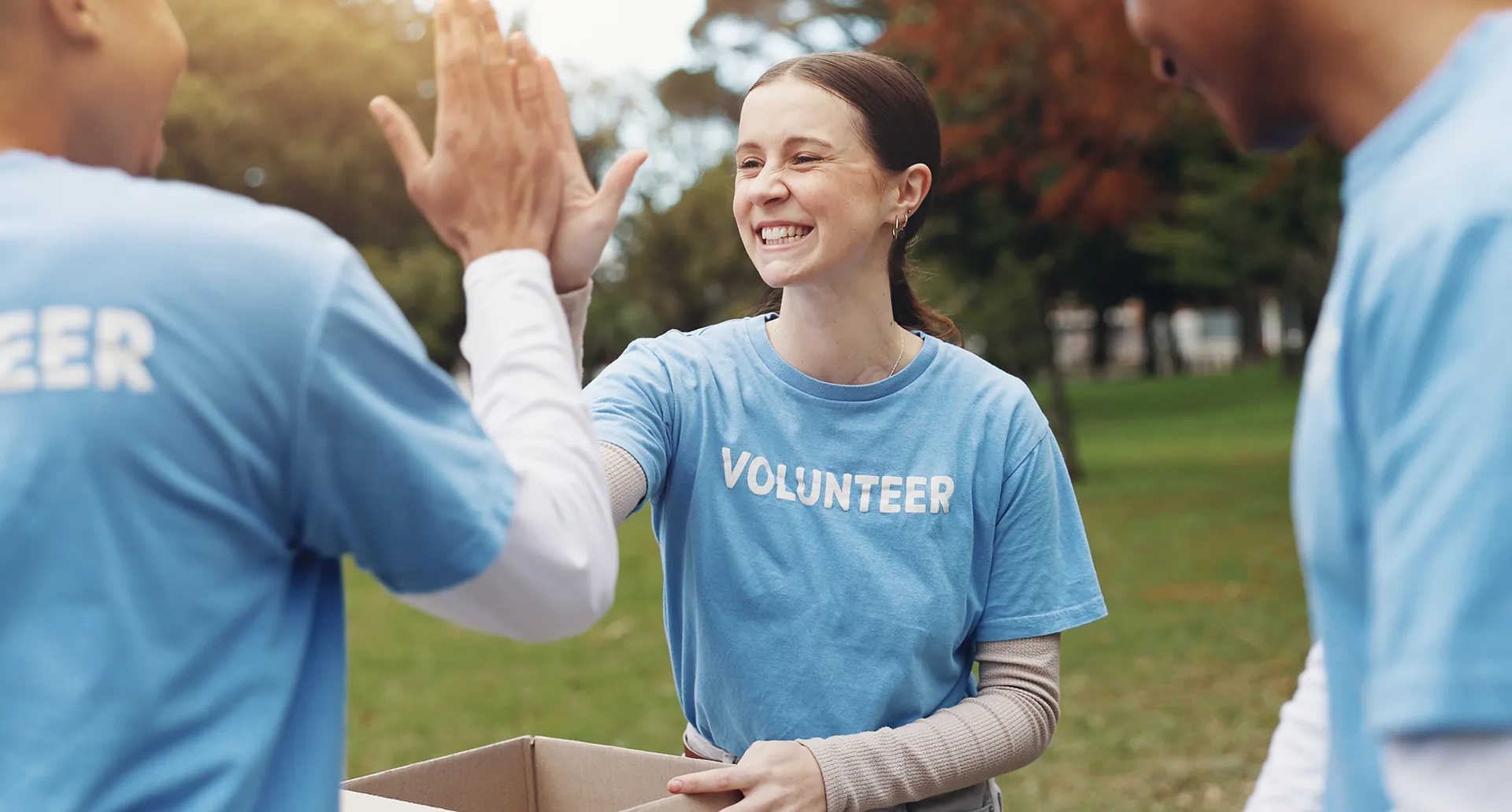 Volunteers high-five in joyful teamwork during a sunny park service day.